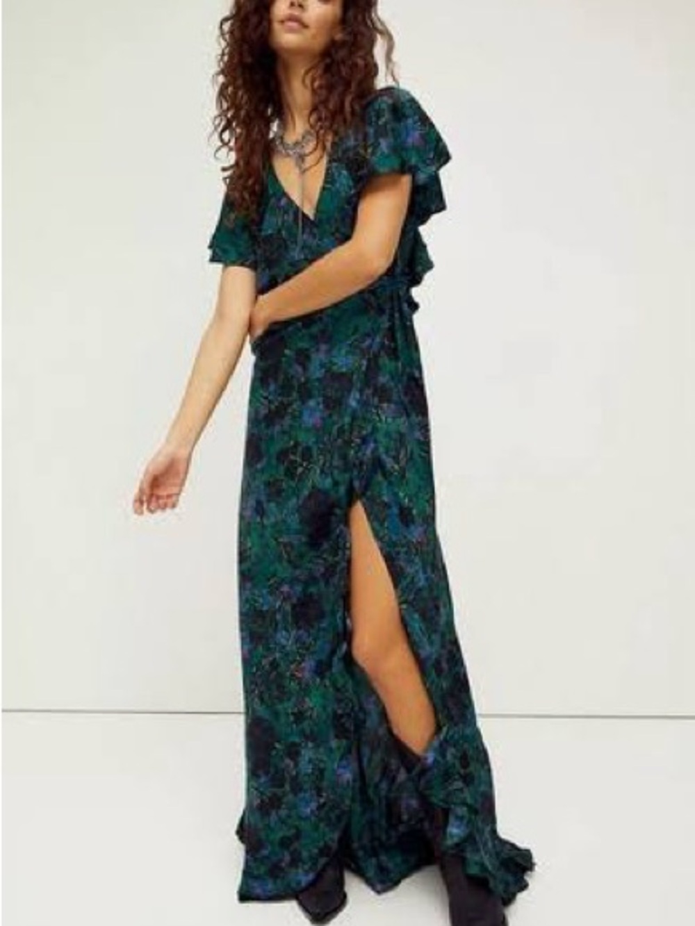 Free People Josephine Dark Green Floral Wrap Maxi Silk Dress XS NWT